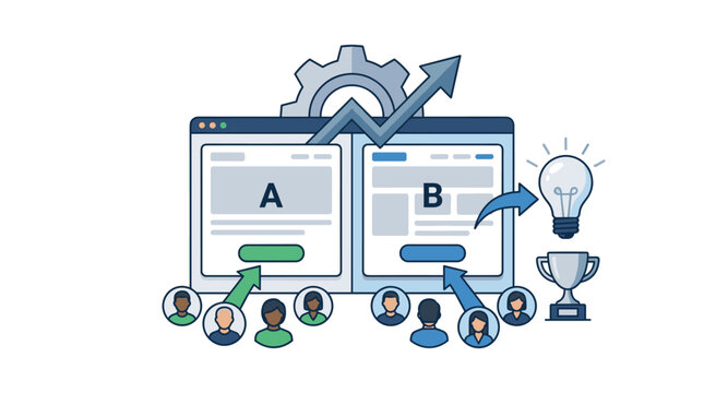 A/B Testing and Conversion Rate Optimization Concept Illustration Featuring Browser Windows with Version A and B, User Interaction Avatars, Growth Arrows, and Success Achievement Symbols.