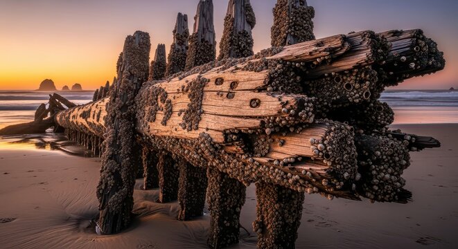 Dramatic ocean sunset over weathered shipwreck remains encrusted with barnacles on a sandy beach