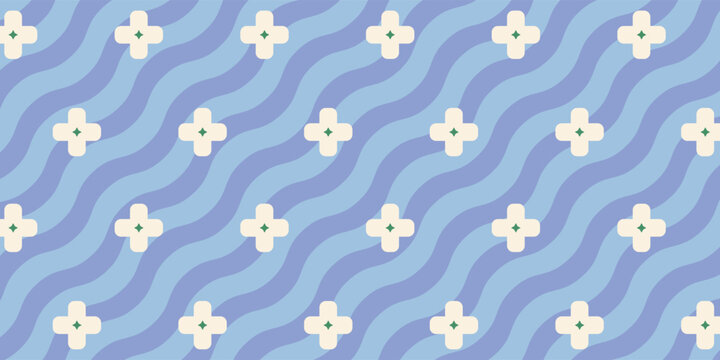 Seamless floral pattern with simple white flowers and wavy blue lines in retro groovy style