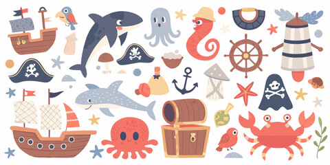 Nautical Illustration Collection With Ships Marine Life And Pirate Accessories © Nripen