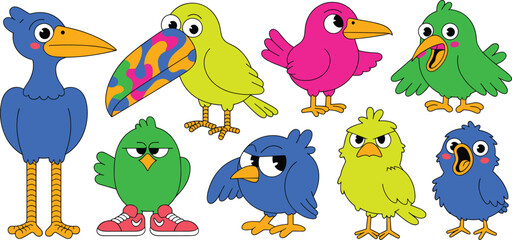 Obraz premium Funny Cartoon Bird Character Vector Set Featuring Colorful Exotic Toucan and Little Avian Mascots with Expressive Emotions for Comic Graphic Designs