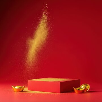 Red studio podium with falling gold glitter and Chinese gold sycee ingots on floor against a solid red background for product presentation and lunar new year celebration.