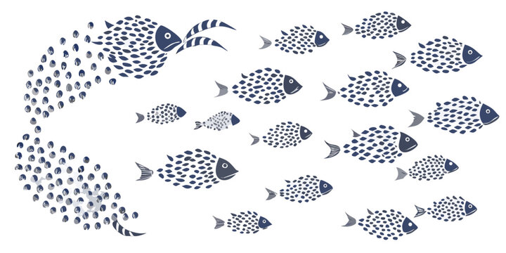 School of fish vector illustration with patterned scales on black background