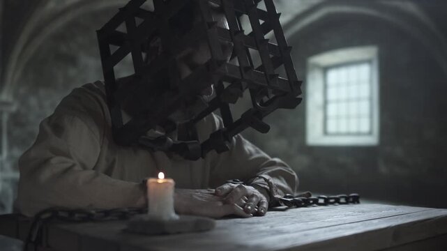 Chained dungeon prisoner wearing a rusty iron head cage looking down, slowly resting his head on clasped hands on a wooden table next to a burning candle, inside a chilly cell