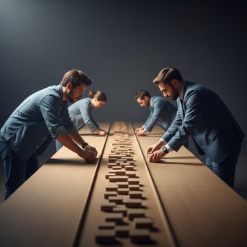 Team of professionals in suits and denim meticulously aligning small wooden blocks in a recessed track on a long wooden table in a dark studio under focused lighting.
