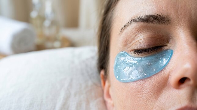 Woman applying cooling blue gel eye patch for relaxation and skincare treatment