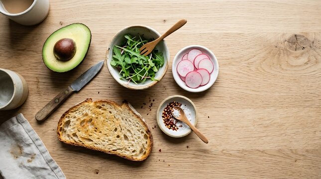 Fresh avocado toast ingredients arranged on rustic wooden table with healthy toppings
