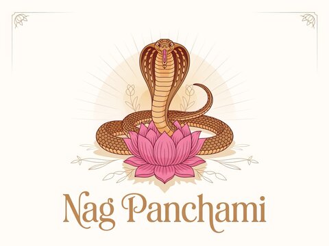 Sacred white cobra on lotus flower celebrating Nag Panchami Hindu religious festival spiritual vector illustration with elegant decorative background artwork