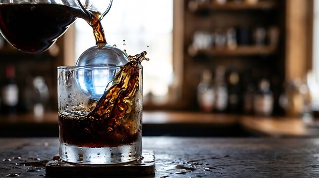 Pouring hot coffee over a large ice sphere in a glass on a dark wooden bar