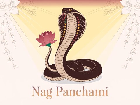 Sacred white cobra on lotus flower celebrating Nag Panchami Hindu religious festival spiritual vector illustration with elegant decorative background artwork