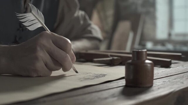 Medieval inventor writing notes with a feather pen below a wing sketch on parchment paper on a wooden desk inside a master studio