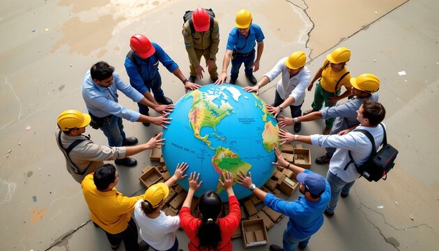 A diverse group of people wearing protective helmets encircle a large inflatable globe, placing their hands on it in a unified manner