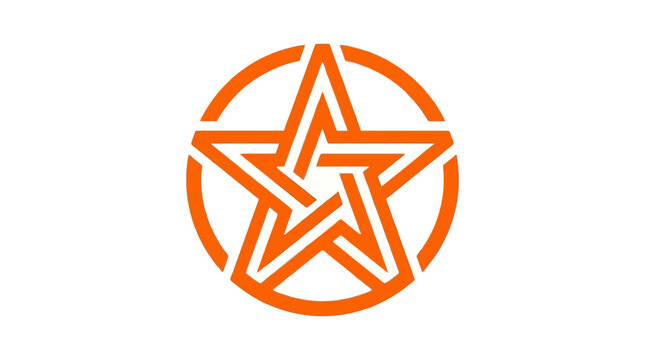 Orange geometric star logo inside circular rings.