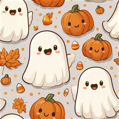 Naklejka premium Cute autumn Halloween seamless pattern with happy ghost pumpkin and candy corn