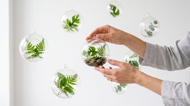 Hanging glass terrariums with green ferns and plants, indoor garden decoration, minimalist home decor, botanical arrangement, suspended sphere vase, nature inspired interior des...