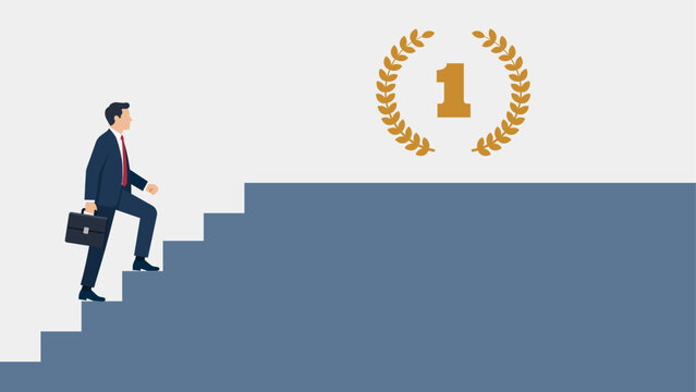 Businessman climbing stairs toward number one trophy icon, corporate career growth and success concept vector