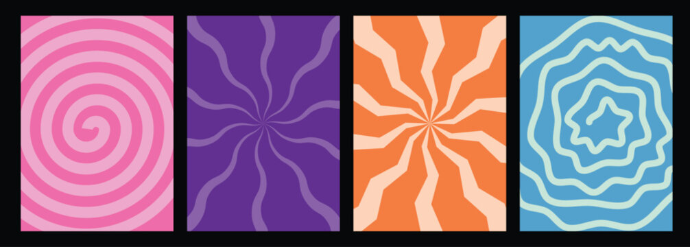 Swirl Retro Groovy Pattern. Psychedelic Wavy Vector Background. Abstract Funky Spiral and Radial Sun Burst Bg Set.