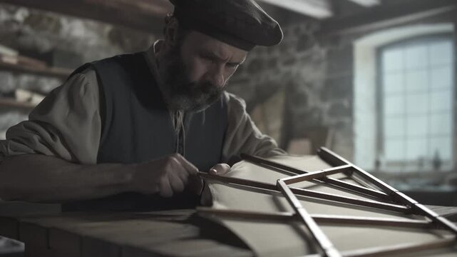 A medieval inventor wrapping linen thread around an ornithopter wing rib end for fastening fabric at a rustic wooden table inside a workshop