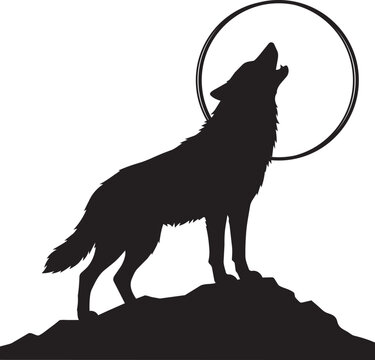 Howling wolf black silhouette on hill with moon vector illustration