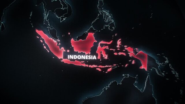 Map animation of Indonesia, Southeast Asia illuminating in a glowing red emergency highlight, featuring bold typography over a dark dotted grid, ideal for widescreen news broadcasts and documentaries.