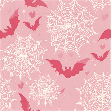Pink Halloween pattern with white spider web and red bat flying with hearts