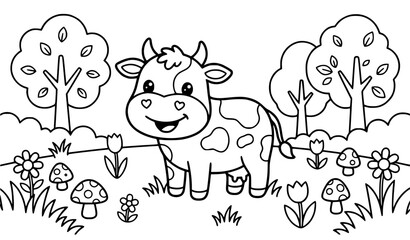 Obraz premium Cute Kawaii Cartoon Cow Meadow Scene Coloring Book Page Vector Illustration