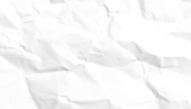 Halftone crumpled paper texture with black a dotted, rough, and wrinkled surface. Wite creased sheet background in comic pop-art style, featuring grainy folds and gritty distressed details.