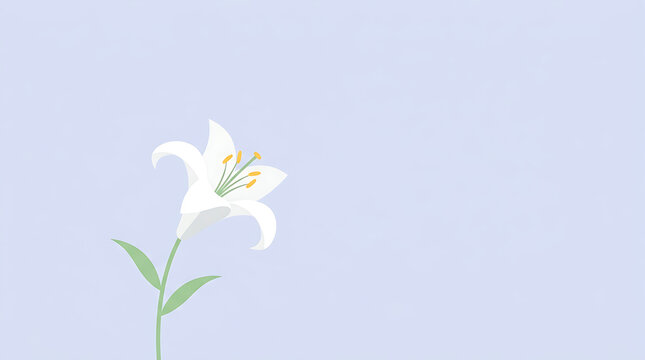 White Lily Flower Blooming Vector Illustration on Minimal Light Pastel Purple Background with Copy Space