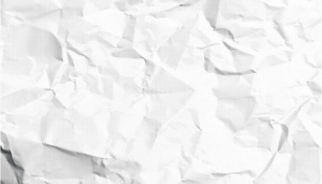Halftone crumpled paper texture with black a dotted, rough, and wrinkled surface. Wite creased sheet background in comic pop-art style, featuring grainy folds and gritty distressed details.