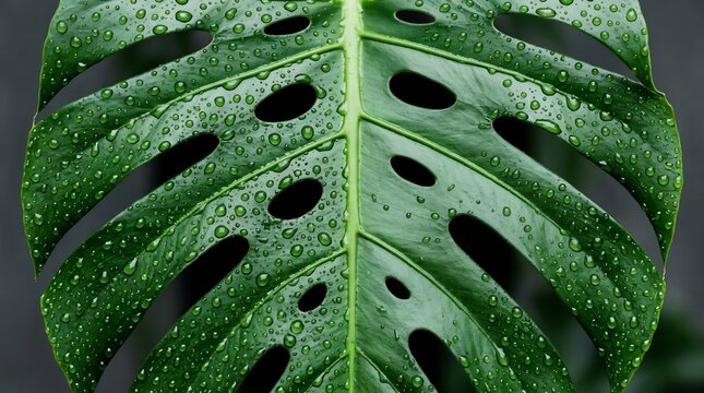 Close-up of a vibrant monstera leaf with fresh water droplets in a tropical garden setting