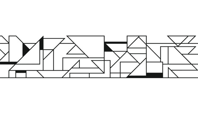 Abstract geometric line art border design with intersecting triangles and shapes in black and white minimalist style.
