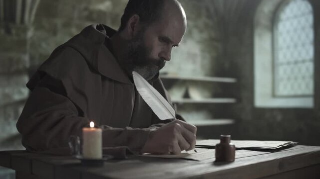 Medieval copyist copying a religious manuscript with a long white quill on parchment next to scrolls on a rustic wooden table inside a dark monastery scriptorium