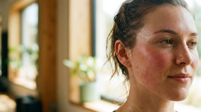 Close-up of a woman with a natural, dewy skin sheen after exercise in soft indoor light