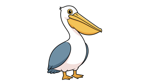 Cute cartoon pelican bird with a large yellow beak standing isolated on a clean white background vector illustration.