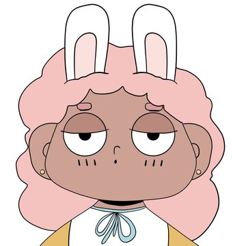 Funny girl with pink hair and bunny ears, kawaii character, white background 