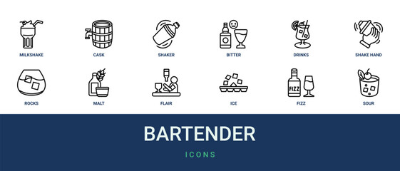 Fototapeta premium Set of 12 outline web Bartender icons such as sour, fizz, ice, flair, malt, on the rocks, shake hand vector icons for report, presentation, diagram, web design, mobile app