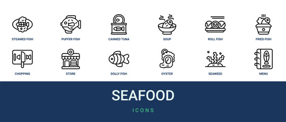 Set of 12 outline web Seafood icons such as menu, seaweed, oyster, dolly fish, store, chopping, fried fish vector icons for report, presentation, diagram, web design, mobile app © Emilia