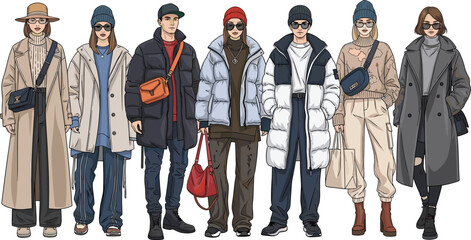 Vector illustration set of diverse people wearing stylish winter outfits, puffer jackets, trench coats, and street style accessories for fashion © Sumi