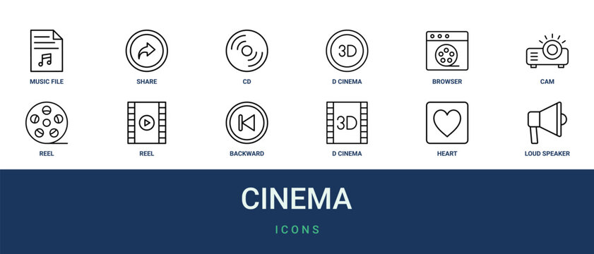 Set of 12 outline web Cinema icons such as loud speaker, heart, d from cinema collection, backward, reel, reel, cam vector icons for report, presentation, diagram, web design, mobile app