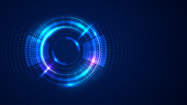 Futuristic technology background with a glowing blue circular interface, digital rings and dotted grid elements.