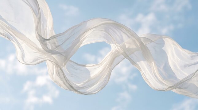 Elegant white fabric flowing gracefully against a bright blue sky with soft clouds