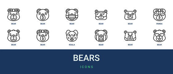 Set of 12 outline web Bears icons such as bear, bear, bear, koala, panda vector icons for report, presentation, diagram, web design, mobile app © Emilia