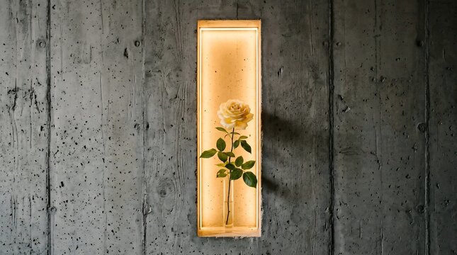 Single yellow rose in a concrete wall niche with soft natural lighting