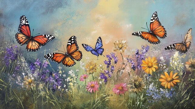 Colorful butterflies fluttering over a vibrant floral field on a sunny day