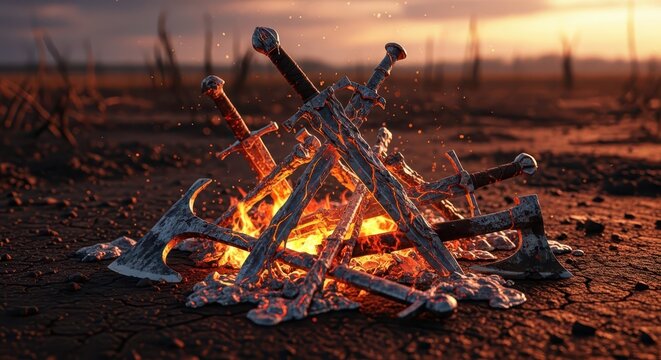 Medieval battle-worn swords and axes piled and burning in a campfire at sunset, symbolizing war and destruction