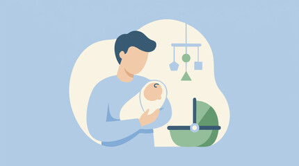 Fototapeta premium Caring father holding newborn baby in a minimalist nursery setting