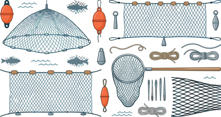 Commercial Fishing Nets and Equipment Vector Illustration Set with Floats Buoys Sinker Weights Ropes and Hand Net for Marine Industry Graphic Designs © Md