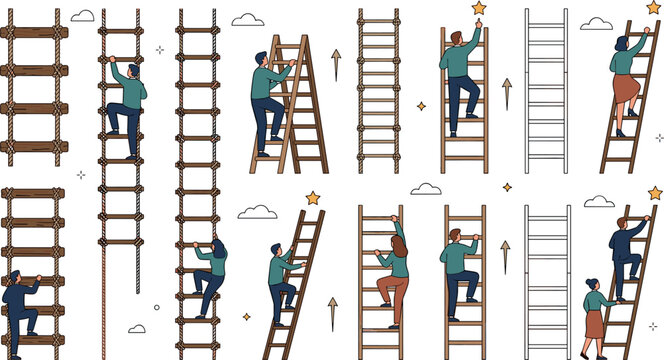 Business People Climbing Ladders Vector Illustration Set with Stars and Arrows for Career Growth Success and Corporate Ambition Graphic Designs