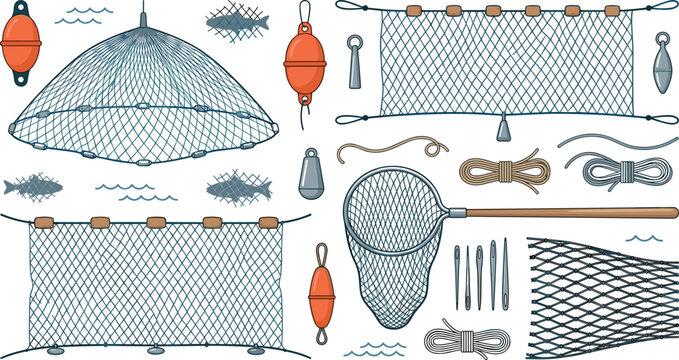 Commercial Fishing Nets and Equipment Vector Illustration Set with Floats Buoys Sinker Weights Ropes and Hand Net for Marine Industry Graphic Designs
