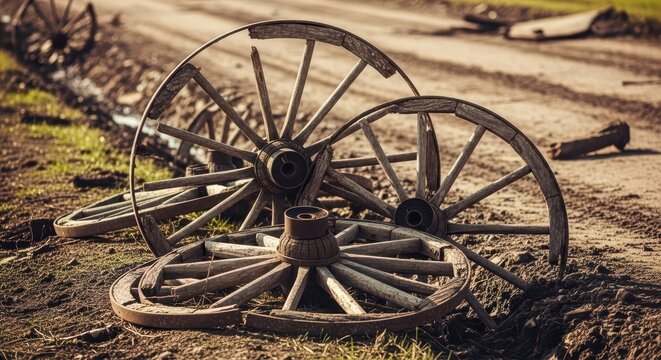 Rustic old wooden wagon wheels lying on a dirt road, weathered and broken, evoking a sense of history and the American West